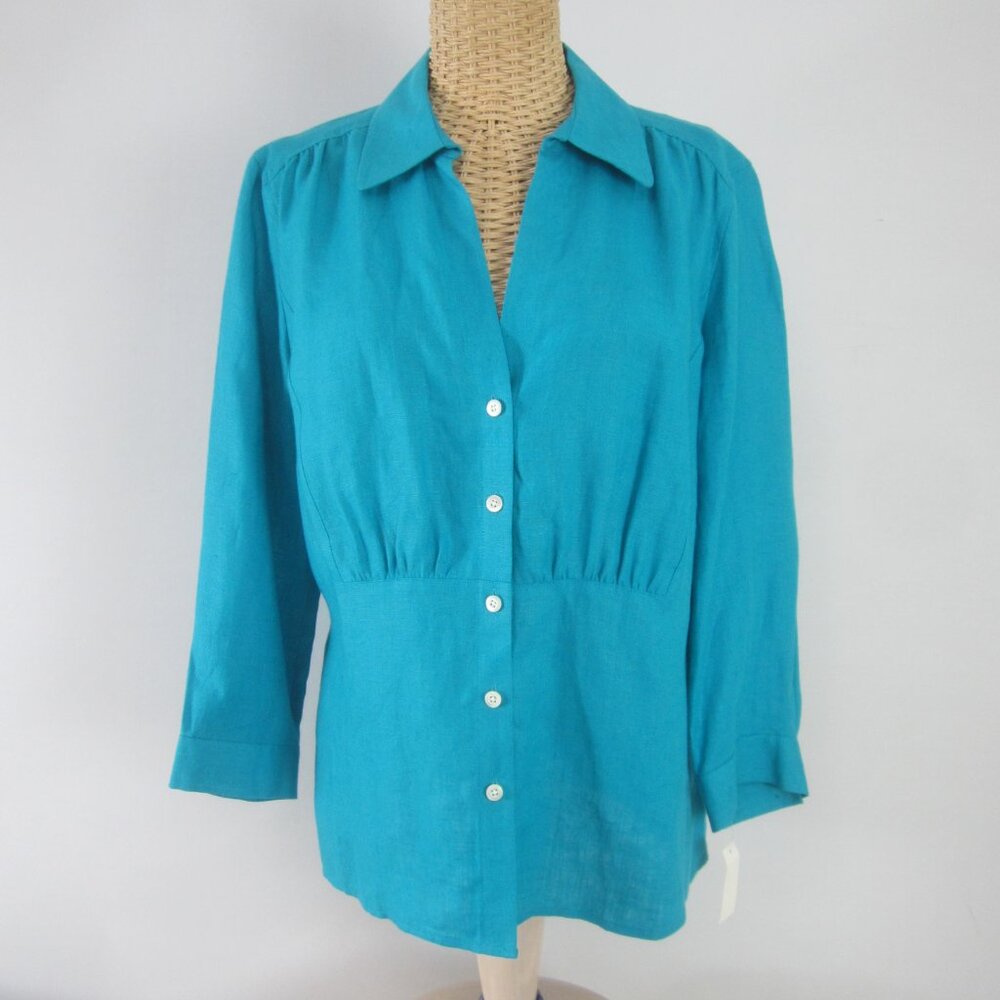 NEW Talbots Womens 12 Turquoise Blue Irish Linen Empire Waist  3/4 Sleeve Shirt
